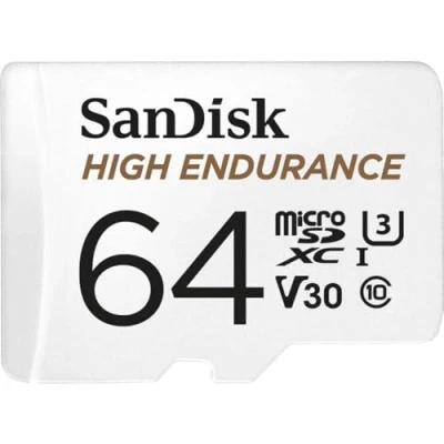 Image of SanDisk HIGH ENDURANCE Video Monitoring for Dashcams &amp; Home 64 GB microSDXC Memory Card + SD Adaptor, Up to 100 MB/s read and 40 Write, Class 10, U3, V30, White