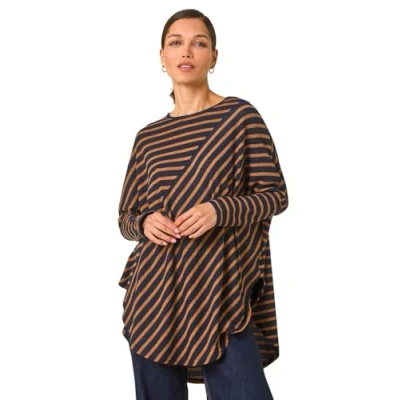 Image of Roman Originals Contrast Stripe Stretch Jersey Top for Women UK Ladies Everyday Autumn Winter Round Neckline Comfy Soft Evening Vacation Work Party Night Out Tan &amp; Black Size 12
