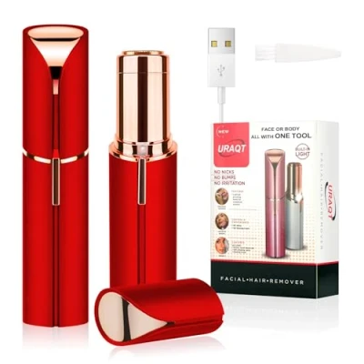 Image of URAQT Facial Hair Remover for Women, Painless Face Trimmer, Rechargeable Mini Epilator Lady Shaver Portable Electric Razor Lips Body Peach Fuzz, Bright Red