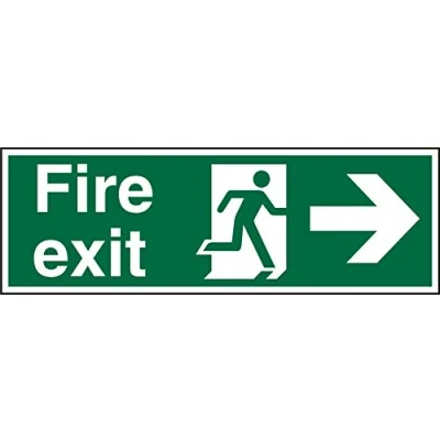 Image of Seco Fire Exit Exit, Man Running Right, Arrow Pointing Right Sign, 450mm x 150mm Self Adhesive Vinyl, White
