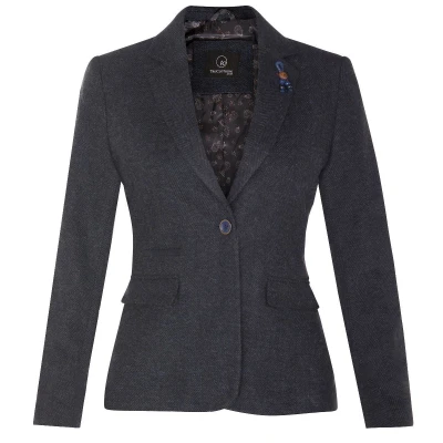 Image of TruClothing Women&#039;s Tweed Navy Blue Herringbone Classic 1920s Formal Wool Tailored Blazer with Elbow Patches 18
