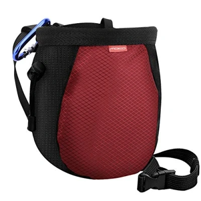 Image of MoKo Rock Climbing Chalk Bag, Bouldering Bag Bucket with Adjustable Belt &amp; Carabiner Drawstring for Weight Lifting Gymnastics Crossfit Black Red