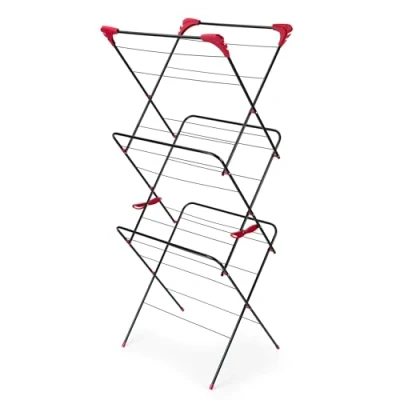 Image of Russell Hobbs LA073785EU Foldable Clothes Airer 3 Tier Laundry Drying Rack, Standing Dryer with 15M Space, 4 Fold Out Hanger Hooks, 7kg Capacity, Portable Horse, Non Slip Feet