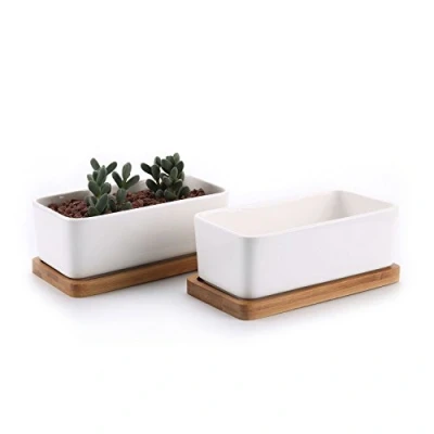 Image of T4U 16.5CM Ceramic White Rectangle Succulent Plant Pot/Cactus Pot With Bamboo Tray Package 1 Pack of 2