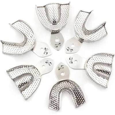 Image of Dental Impression Trays Stainless Steel Teeth Whitening Mouth Upper and Lower Perforated Set of 6