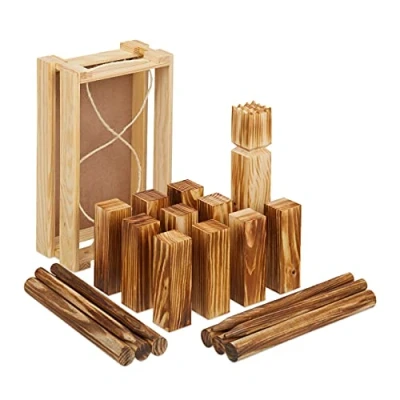 Image of Relaxdays kubb Viking game, 21 wooden pawns, outdoor fun, camping, for adults and children, topple throw, brown, Wood