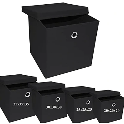 Image of A4O6 Fabric Foldable Storage Cubes Boxes Non woven Cloth organisers Basket Square Folding Box Collapsible Kids Toys Drawer (Black, 25x25x25cm)