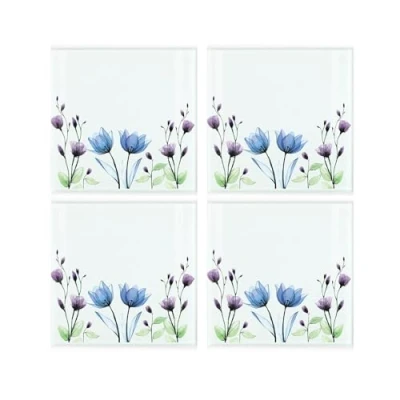 Image of Floral Coaster Set Square Glass Blue &amp; Purple Flowers and Foliage of Four (4) Coasters