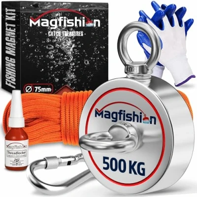 Image of MAGFISHION Magnet Fishing Kit 250 KG Ø75mm Super Strong Neodymium with Rope (20M), Carabiner, Gloves, Threadlocker Magnetic Powerful Magnets