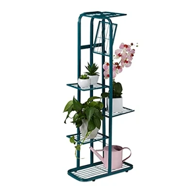 Image of Relaxdays Plant Stand, 6 Shelves, Flower Rack, Indoor, H x W D: 107 44 24 cm, Metal, Green, Steel