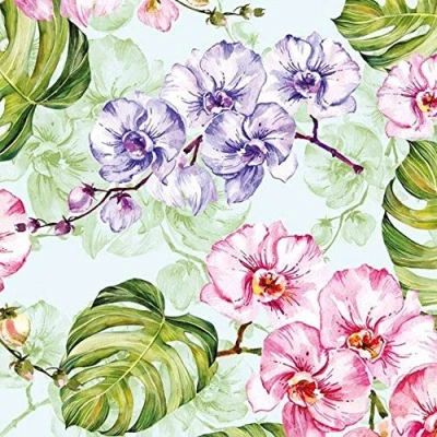 Image of Daisy Napkins 33 x cm Pack of 20 Serviette Technique Leaves Orchids Pink and Purple
