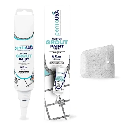 Image of PentaUSA Grout Glitter for Tiles, Ready Mixed Grout, Gliterred Shiny Grouting Set with Floater (180 ml) (SILVER)
