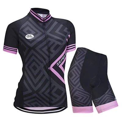 Image of ZEROBIKE Women&#039;s Short Sleeve Breathable Cycling Jersey Set, Quick Dry Biking Shirt with 7D Cushion Shorts Padded Pants, XL, Diamond Pink