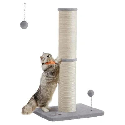 Image of Feandrea Cat Scratching Post, 85 cm Tall Scratcher for Medium and Large Cats, Furniture Deterrent Sisal Scratch Pole, Spring Pompom with Built in Bell, Dove Grey PCA041G01