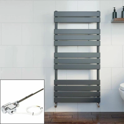 Image of DuraTherm® 1200 x 600mm Flat Panel Heated Towel Rail Radiator Dual Fuel Bathroom Warmer Wall Mounted Ladder Rad Anthracite Thermostatic, 300W