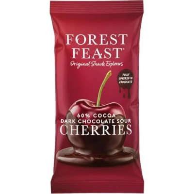 Image of FOREST FEAST 60% Cocoa Dark Chocolate Sour Cherries Pack 12 x 40g Sweet Dried Covered Fruit Snack with Belgian Chocolate, Gluten Free &amp; Vegan Friendly