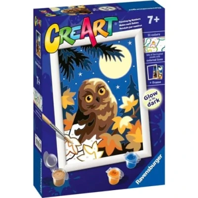 Image of Ravensburger CreArt E Series: Moonlight Owl, Paint by Number Kit, Contains a Pre Printed Board, Brush, Colors and Accessories, Creative Set for Boys Girls 7+ Years