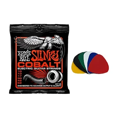 Image of PAS Bundle of Ernie Ball Cobalt Skinny Top Heavy Bottom (10 52 gauge) Electric Guitar Strings with 6 plectrums