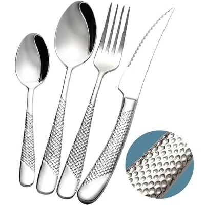 Image of Exeton Luxury Signature Cutlery Set, for 1/4/6 People, Stainless Steel, Silver, Gold, 2 in 1 Steak Knives, Dishwasher Safe (Signature 24)