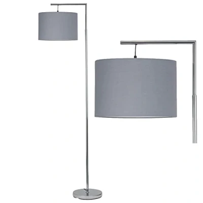 Image of firstchoicelighting Modern Angled Design Floor Light Standing Lamp, Polished Chrome, Grey Cotton Fabric Shade, Height 163cm, LED Compatible