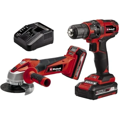 Image of Einhell Power x Change 18V Cordless Impact Drill And Angle Grinder With 2 Batteries Charger Classic Tool Set Battery Powered Twin Pack Combi