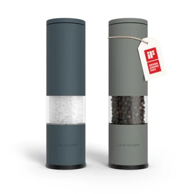 Image of LARS NYSØM Salt and Pepper Mills Set Stainless Steel with Adjustable Ceramic Grinder 2 Pieces I Design Spice Manual (Blue/Gray)