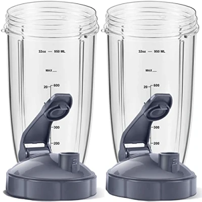 Image of 2 Pack Replacement Parts Upgrade 32oz Cups with Flip Top to Go Lid and Rubber Gaskets Compatible NutriBullet 600w/900w Blender Accessory