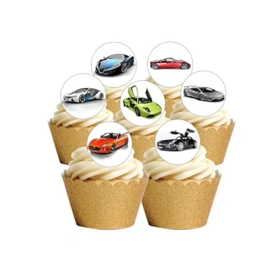 Image of 24 PRE Cut Supercar Fast Car Edible Wafer Paper Round Cake Toppers Decorations