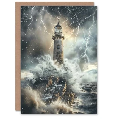 Image of Artery8 Lighthouse Thunderstorm Sea Crushing Waves Greeting Birthday Card Him Her All Blank
