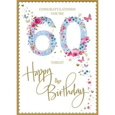 Image of Words &#039;n&#039; Wishes Female 60th Milestone Birthday Card Age 60 Butterflies and Floral Numbers Embossed with Foil Details Eco Friendly