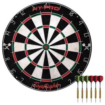 Image of Hy Pro Topflight Dartboard Dart Board Set, 6x 18g Steel Tip Darts, Staple Free Bulls Eye, Sisal, 6 Flights (3 Red &amp; 3 Green), Indoor and Outdoor, Great Darts Gift Idea