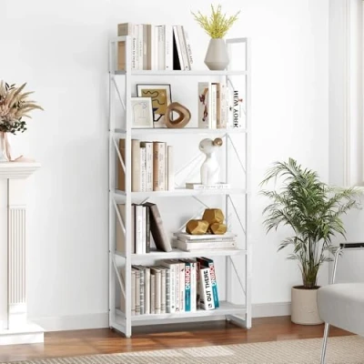 Image of YITAHOME Bookshelf, 5 Tiers Bookcase Tall Book shelf with Metal Frame, Industrial Display Storage Rack, Shelving Units for Living Room Bedroom Home Office Kitchen, Pure White Shelves