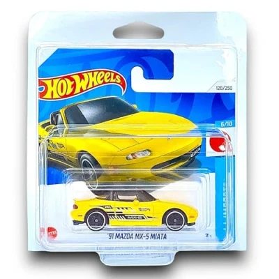 Image of Hot Wheels &#039;91 Mazda MX 5 Miata (Yellow &amp; Black) 6/10 HW J Imports 2024 120/250 (Short Card) includes a KLAS Car Keeper Protector Case HTD80