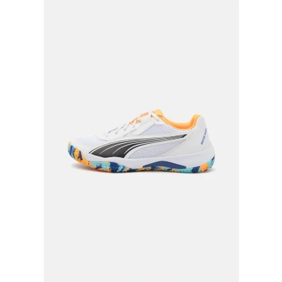 Image of PUMA Unisex NOVA Court Tennis Shoe, White Black Vivid Blue Heat FIRE, 9.5 UK