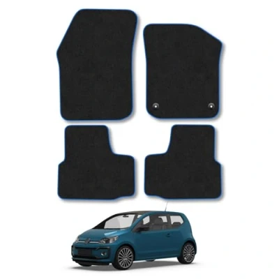 Image of Car Mats Compatible with VW Up (2012 ) Tailored Fit Blue Carpet Floor Set Accessory Custom 4 Pieces Anti Slip Backing &amp; Binding Trim Edge