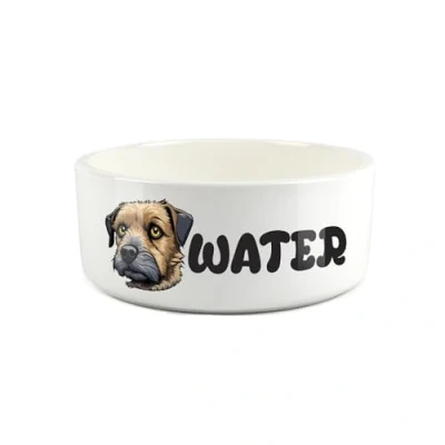 Image of Border Terrier Pet Bowl Cartoon Dog Portrait Large Ceramic Water Novelty White Dish For Dogs