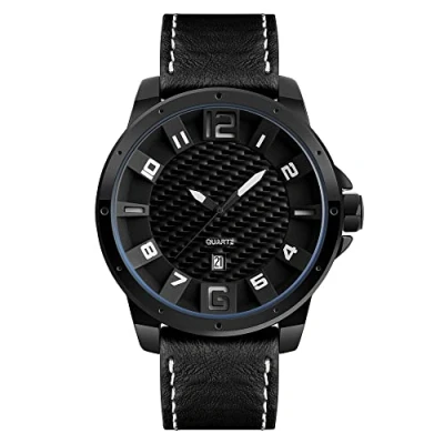 Image of FeiWen Mens Large Dial Analog Quartz Watches Casual Style Balck Stainless Steel Case and Leather Band Business Dress Fashion Wrist Watch, Black