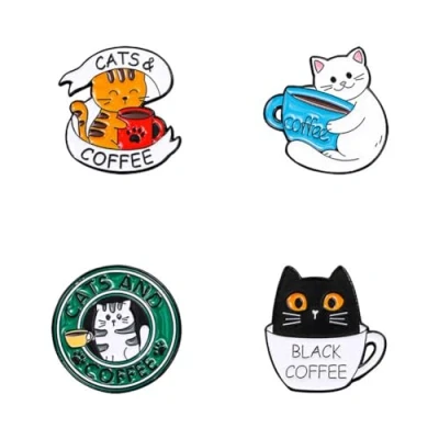 Image of sunruchao 4Pcs Cat&amp;Coffee Enamel Pins Set Black Coffee Cat Cup Brooches Cute Cats Lapel Pin for Women Girls Letter Badge Backpacks Clothes Accessories