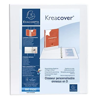 Image of Exacompta ref. 51846E 1 customizable rigid opaque binder with 3 pockets 4 D rings of 25 mm Spine 47 External dimensions: 32 x 27.7 cm Format to be filed A4 Maxi Colour: white