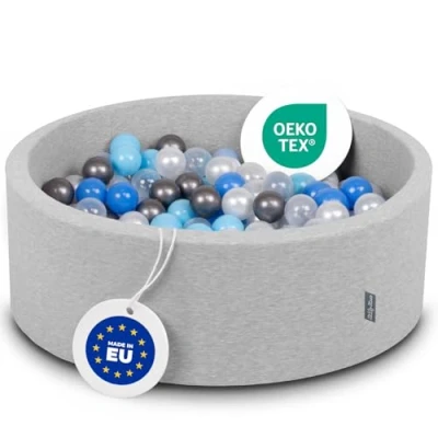 Image of KiddyMoon 90X30cm/200 Balls ∅ 7Cm / 2.75In Baby Foam Ball Pit Made In EU, Light Grey:Pearl/Blue/Baby Blue/Transparent/Silver