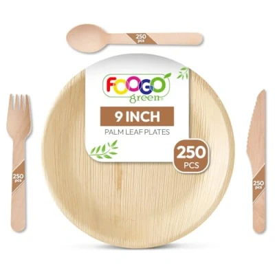 Image of FOOGO Green 1000pcs Disposable Palm Leaf Plates and Wooden Cutlery Set, FSC® Certified, 250x Large Round Plates, Forks, Knives, Spoons, Eco Friendly Biodegradable, Rigid Paper