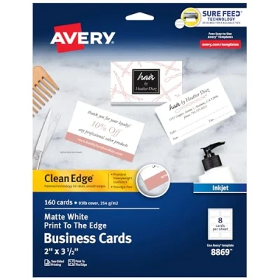 Image of Avery Clean Edge Printable Business Cards with Sure Feed Technology, 2&quot; x 3.5&quot;, White, 160 Blank for Inkjet Printers (8869)
