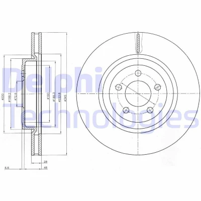 Image of 4779197AA, 4779197AB, 4779197AC, 4779197AD, 4779197AE Brake disc DELPHI BG9050 345mm 28mm 5 Vented Oiled Untreated CHRYSLER: 300C Touring, Saloon