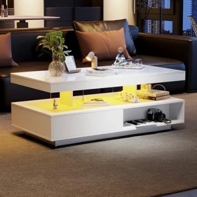 Image of ModernLuxe Coffee Table with Storage, 2 Drawers and Open Storage Space, Stylish Side Smart 16 Colour LED Lights, USB Powered, High Gloss Tables for Living Room, White