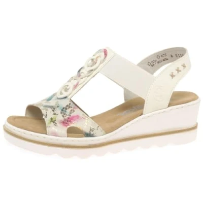 Image of Rieker 67498 Women&#039;s off white multi slip on cushioned wedge sandals (Off White, UK Footwear Size System, Adult, Women, Numeric, Medium, 6.5)