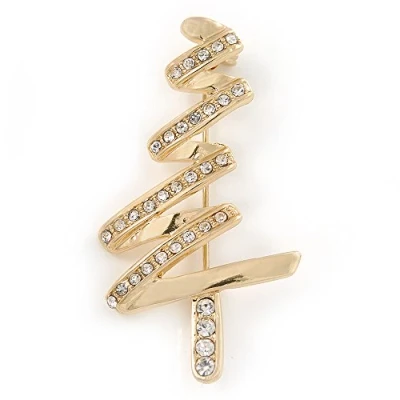 Image of Avalaya Gold Plated Clear Crystal Christmas Tree Brooch 50mm L