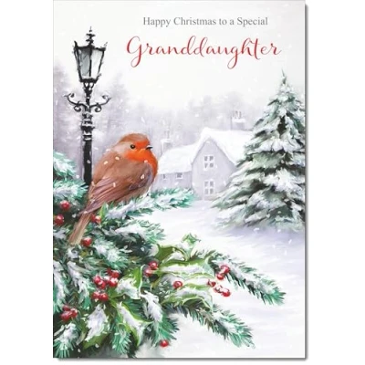Image of doodlecards Granddaughter Christmas Card Robin by Lamp Large A4 Size for with Plain Envelope