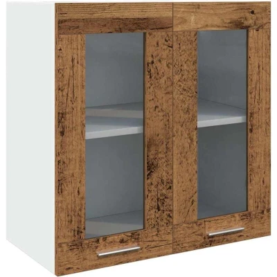 Image of vidaXL Kitchen Wall Cabinet Glass Door, Engineered Wood, 60x31x60 cm, Old Wood Finish Perfect for Bowls, Plates, Storage