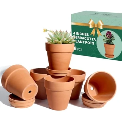 Image of vensovo 10.16cm Terra Cotta Pots with Saucer 6 Pack Clay Flower Drainage, Great for Plants, Crafts, Wedding Favor (10.16cm dia)