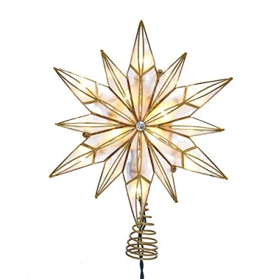 Image of Kurt S. Adler 10 Light 12 Point Capiz Star and Center Gem Treetop, 10.24in, Gold, White